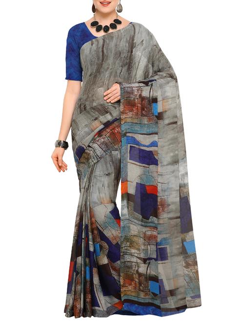 grey georgette printed saree with blouse - 15171100 - Very Small Image - 1