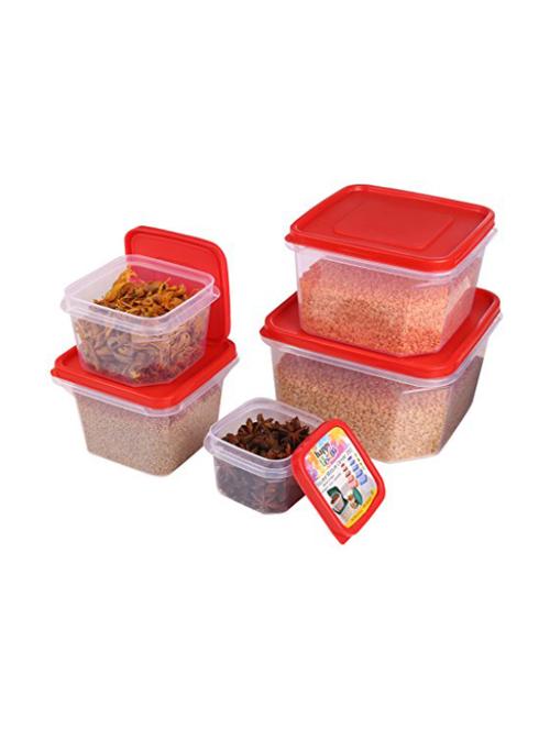 plastic square modular canister - pack of 5 ( red ) (3000ml, 1600 ml, 1100 ml, 600 ml, 350 ml) - 15212046 - Very Small Image - 1