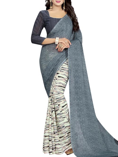 grey georgette half and half saree with blouse - 15218978 - Very Small Image - 1