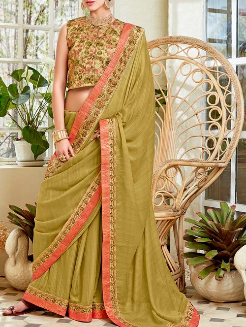 mehandi georgette bordered saree with blouse - 15221308 - Very Small Image - 1