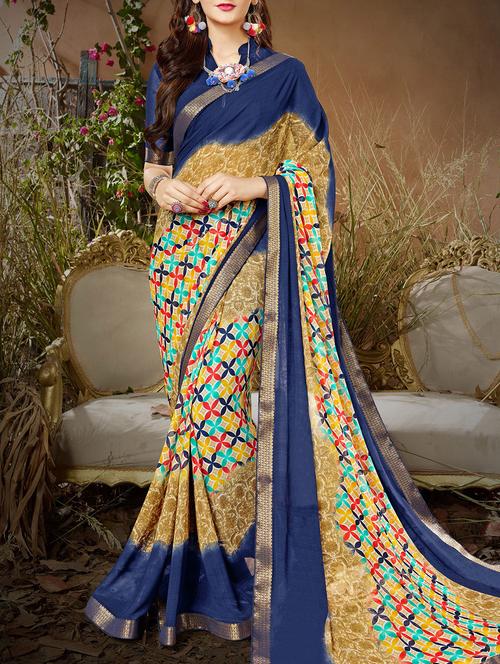 beige  printed saree with blouse - 15230400 - Very Small Image - 1