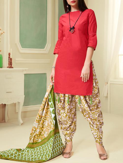 red cotton unstitched patiyalal suit - 15236052 - Very Small Image - 1