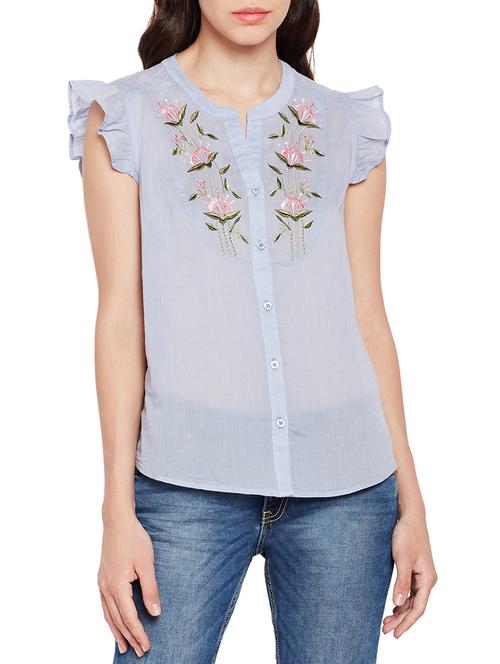 Blue Cotton Embroidered Shirt - 15260777 - Very Small Image - 1