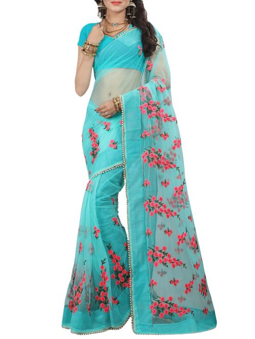 sky blue embroidered saree with blouse - 15267938 - Very Small Image - 1