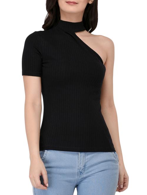 single shoulder short sleeved ribbed top - 15324073 - Very Small Image - 1