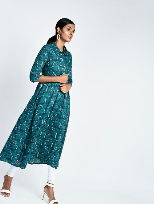 teal printed flared kurta - 15337329 - Very Small Image - 1