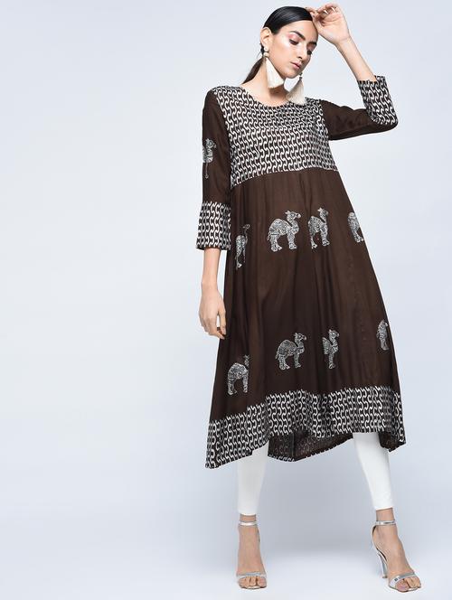 merlot block print flared kurta - 15397971 - Very Small Image - 1