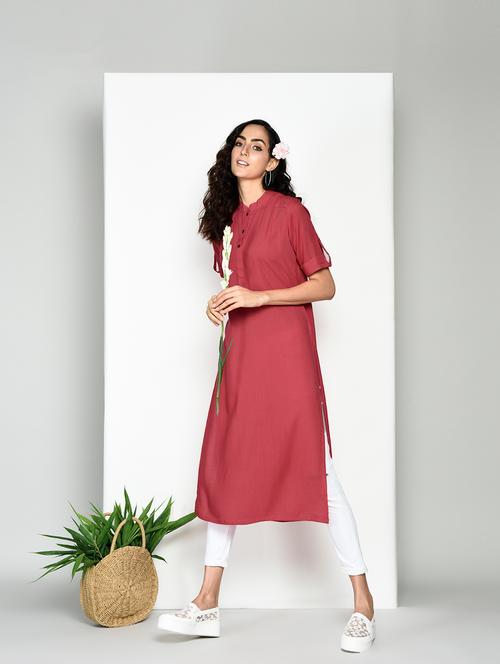 Rose Red Straight Kurta - 15482766 - Very Small Image - 1