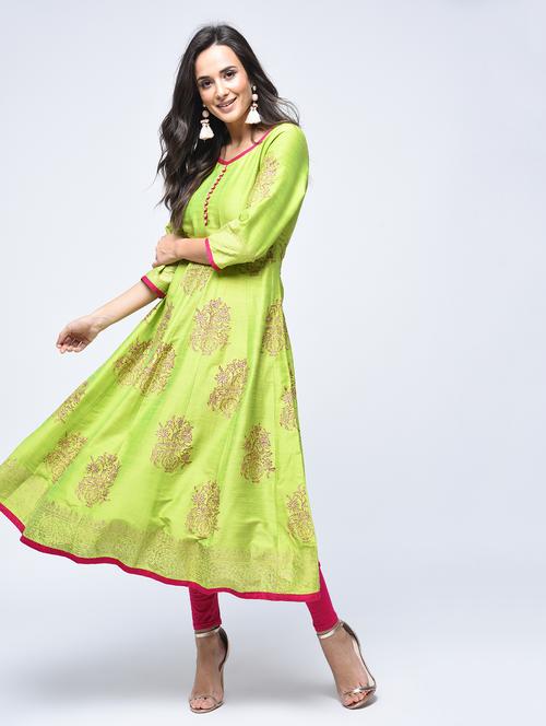 lime silk anarkali kurta - 15501437 - Very Small Image - 1