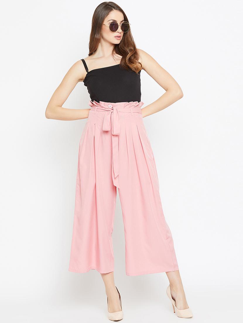 women pink solid mid rise pleated trouser - 15839384 - Standard Image - 3