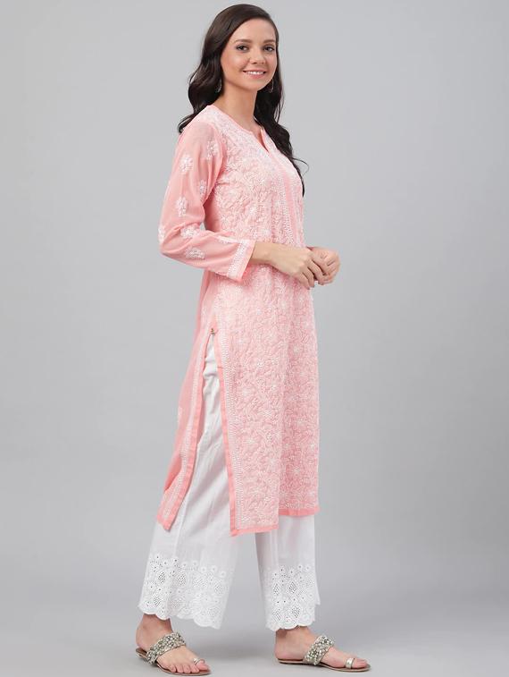 peach color georgette long women chikankari kurta - 15842063 - Standard Image - 2