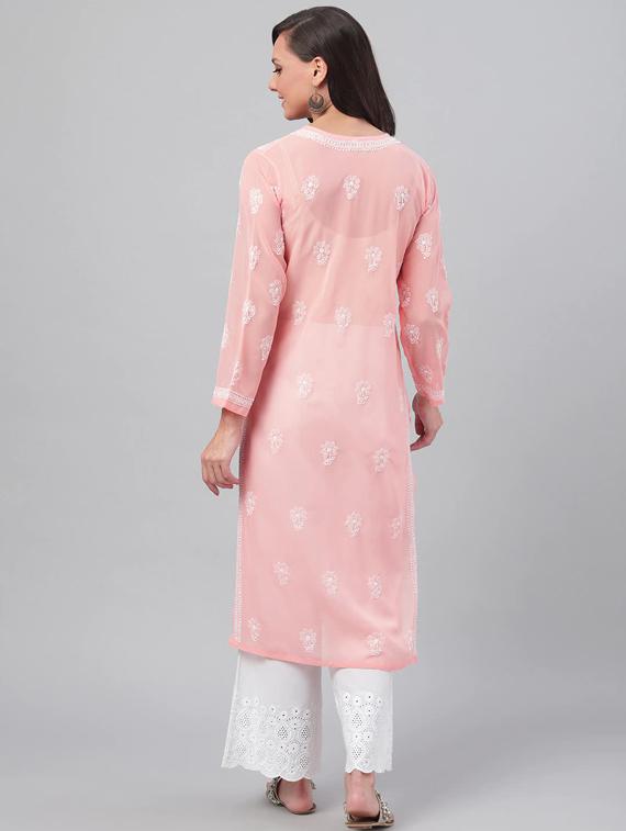 peach color georgette long women chikankari kurta - 15842063 - Zoom Image - 3