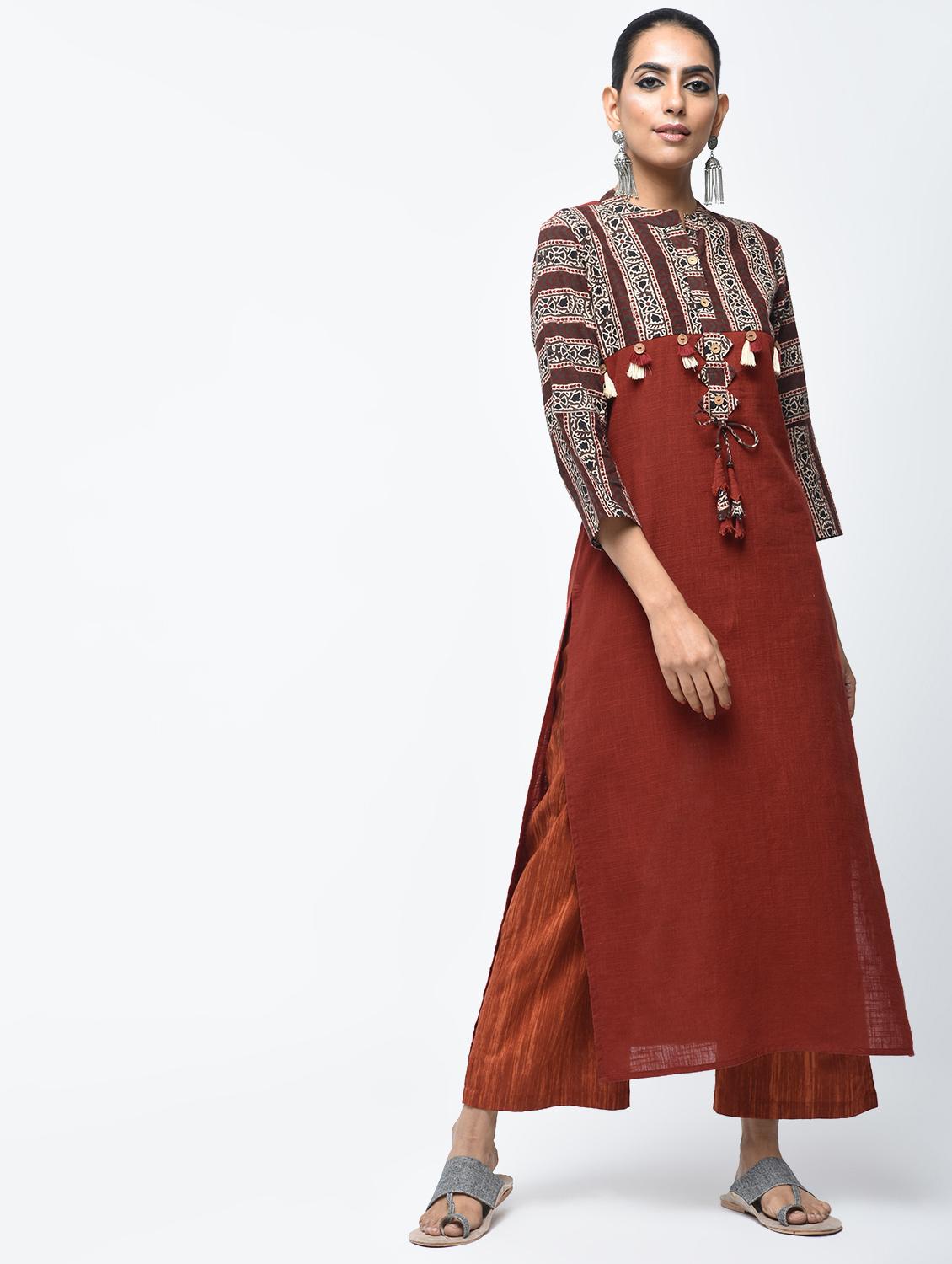 printed straight kurta with tassels - 15858494 -  Standard Image - 0