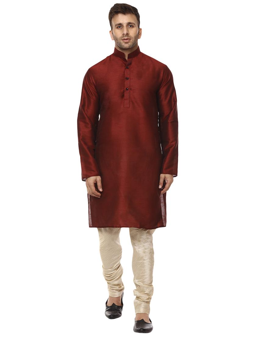 maroon pure silk kurta pyjama set - 15876561 - Zoom Image - 0