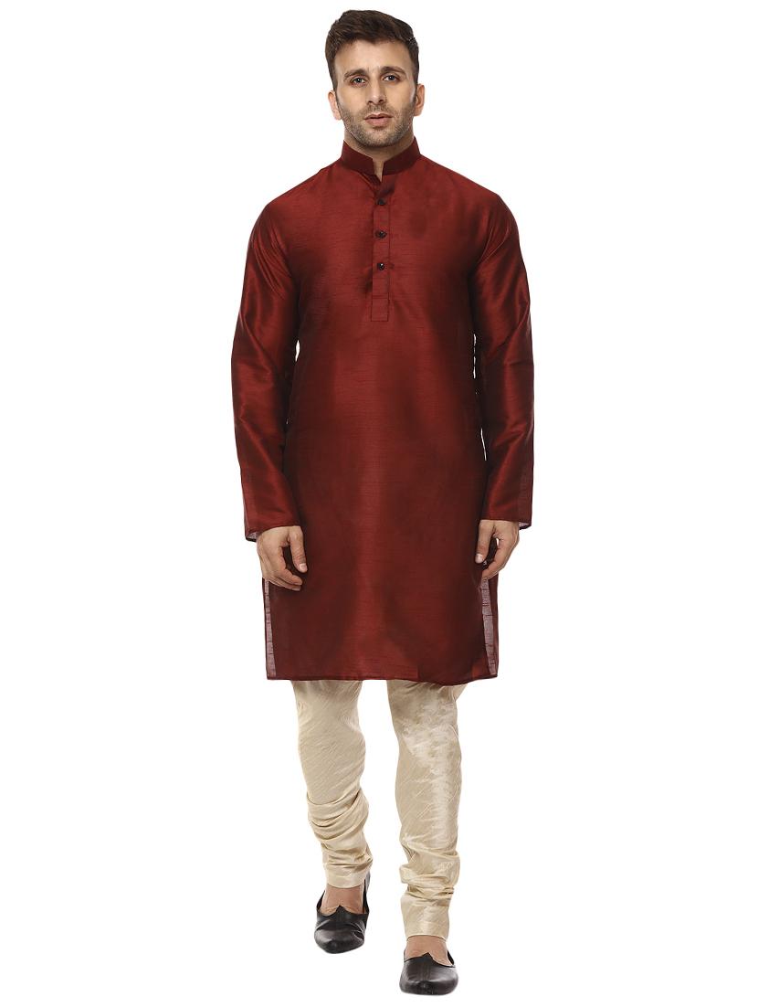 maroon pure silk kurta pyjama set - 15876561 -  Zoom Image - 0