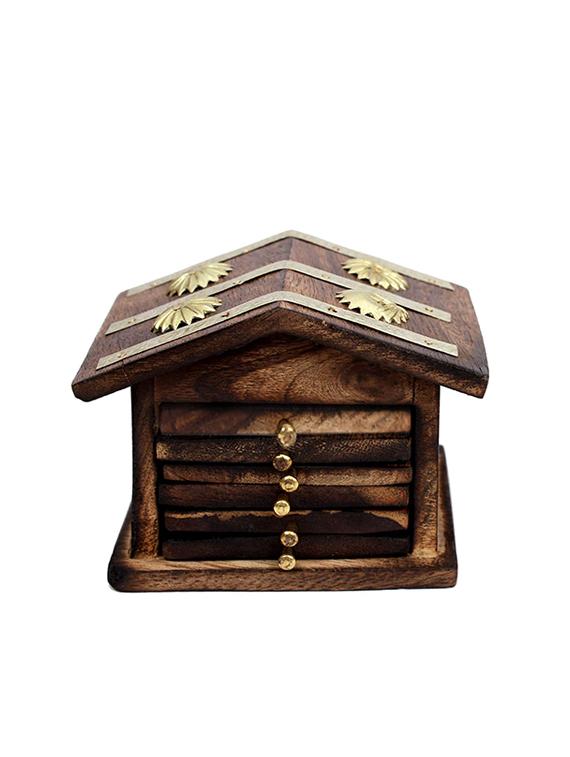 desi karigar wooden & brass antique hut shape coaster set home decor gift item - 15891061 - Standard Image - 3
