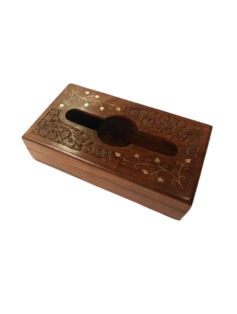 desi karigar brown sheesham wood and brass tissue box with kashmiri carving and brass inlay work - 15909082 - Zoom Image - 2