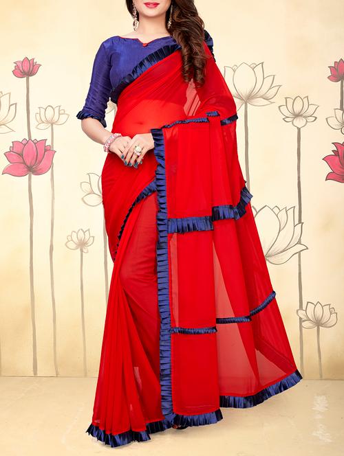 ruffle lace border red saree with blouse - 15924374 - Very Small Image - 1
