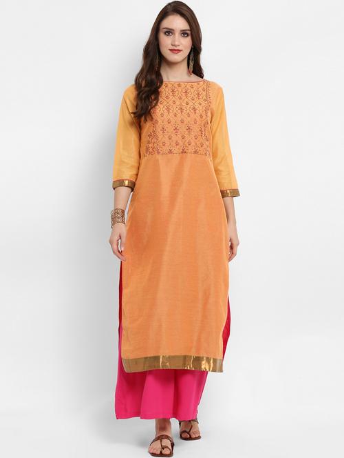 peach chanderi straight kurta - 15932532 - Very Small Image - 1