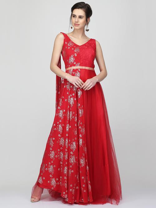 foil print flared gown - 16007035 - Very Small Image - 1