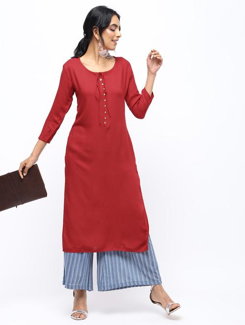 solid placket detail straight kurta - 16019699 - Very Small Image - 1