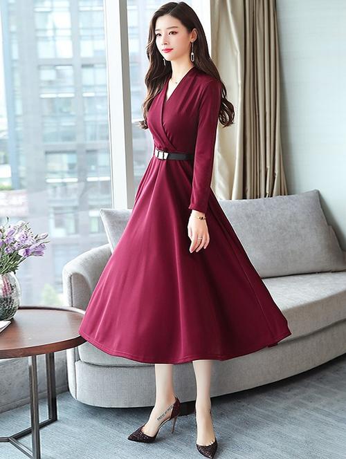 overlap neck belted flared dress - 16050653 - Very Small Image - 1