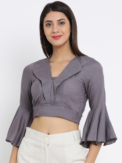v neck belle sleeved crop top - 16262822 - Very Small Image - 1