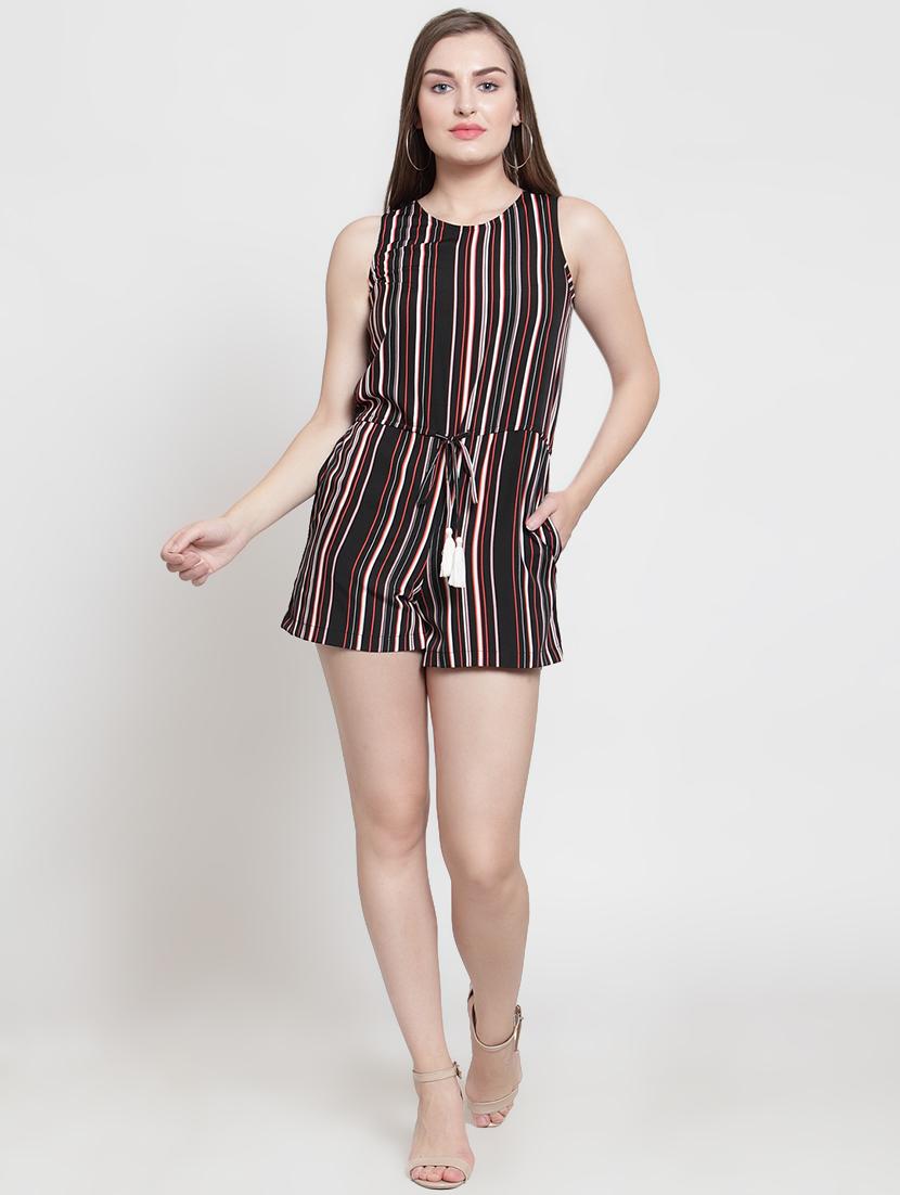 tassel tie pocket detail striped romper