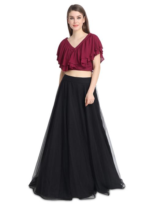 wine ruffle lehenga - 16358790 - Very Small Image - 1