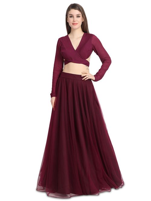 wine solid a-line lehenga - 16358810 - Very Small Image - 1
