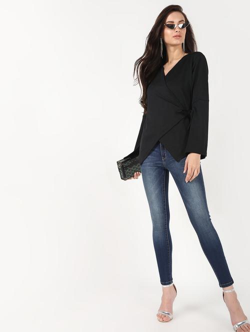 tie knot slit sleeved wrap top - 16422435 - Very Small Image - 1
