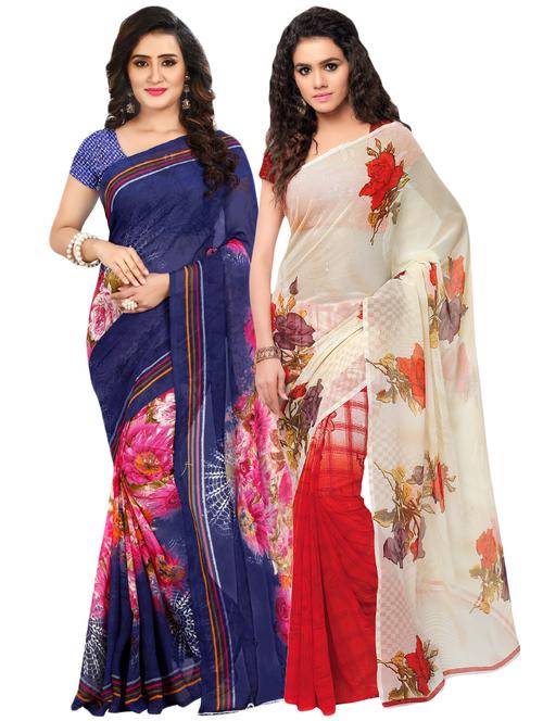 set of 2 multicolor printed saree combo with blouse - 16425855 - Very Small Image - 1