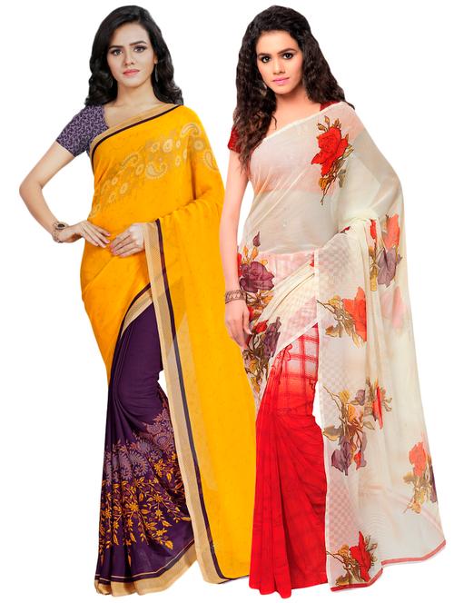 set of 2 multicolor printed saree combo with blouse - 16425869 - Very Small Image - 1