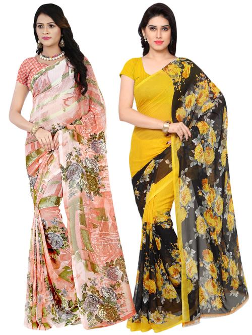 set of 2 multicolor printed saree combo with blouse - 16426421 - Very Small Image - 1