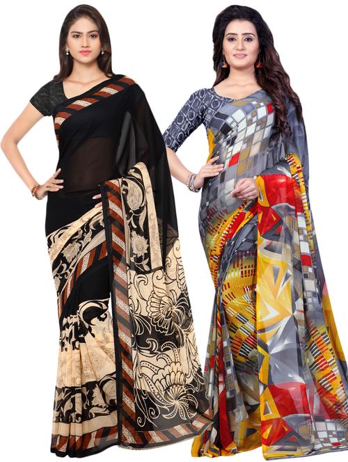 set of 2 multicolor printed saree combo with blouse - 16426583 - Very Small Image - 1