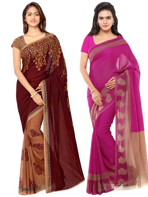 set of 2 multicolor printed saree combo with blouse - 16426671 - Very Small Image - 1