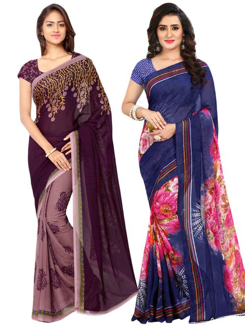set of 2 multicolor printed saree combo with blouse - 16426703 - Very Small Image - 1