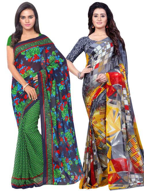 set of 2 multicolor printed saree combo with blouse - 16426765 - Very Small Image - 1