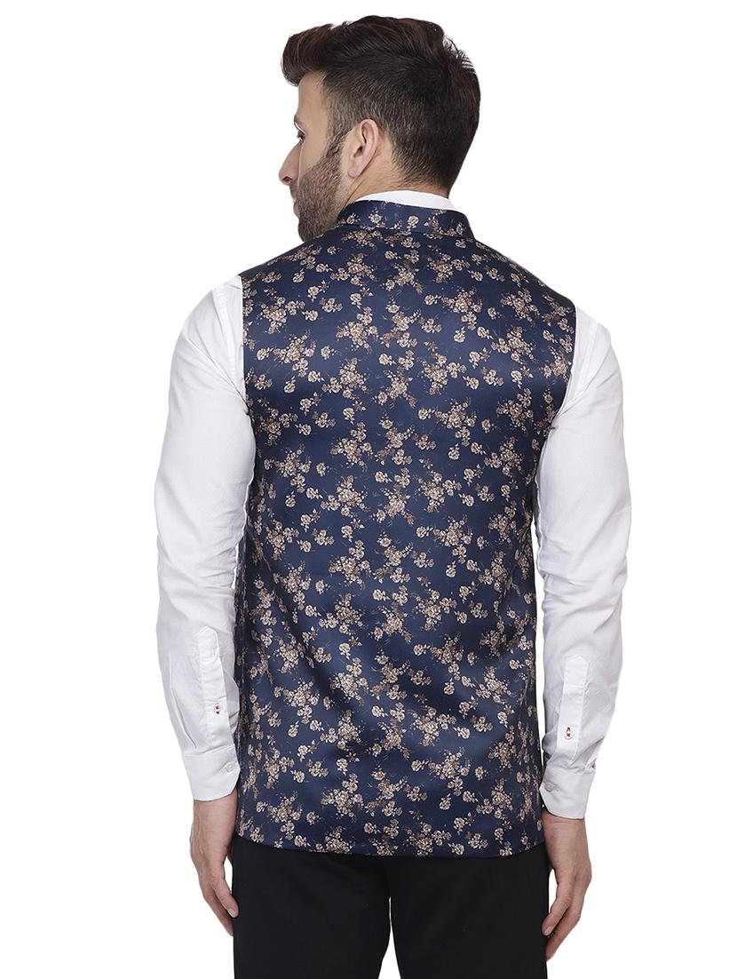navy blue printed nehru jacket - 16457169 - Standard Image - 2