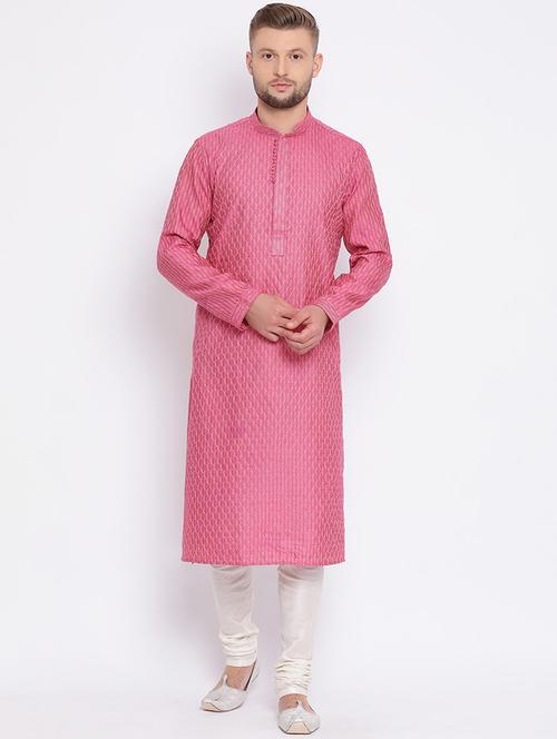pink pure silk jacquard long kurta - 16545855 - Very Small Image - 1