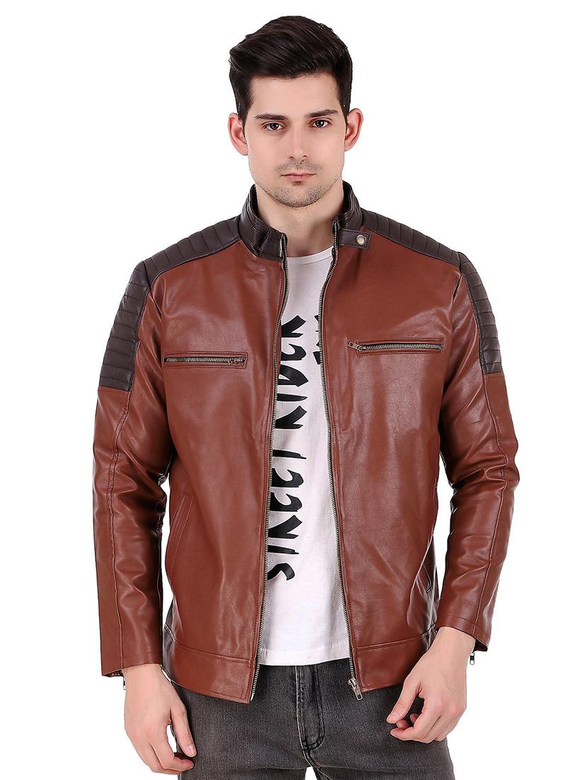 brown color block biker jacket - 16561935 -  Zoom Image - 0