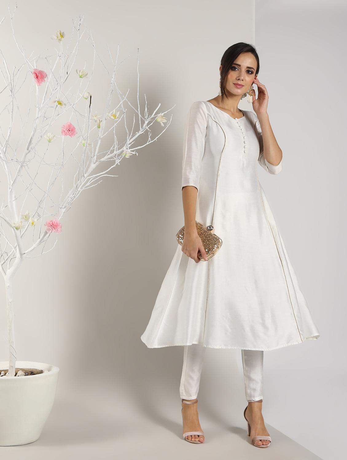 piping detailed silk flared kurta - 16568793 -  Zoom Image - 0