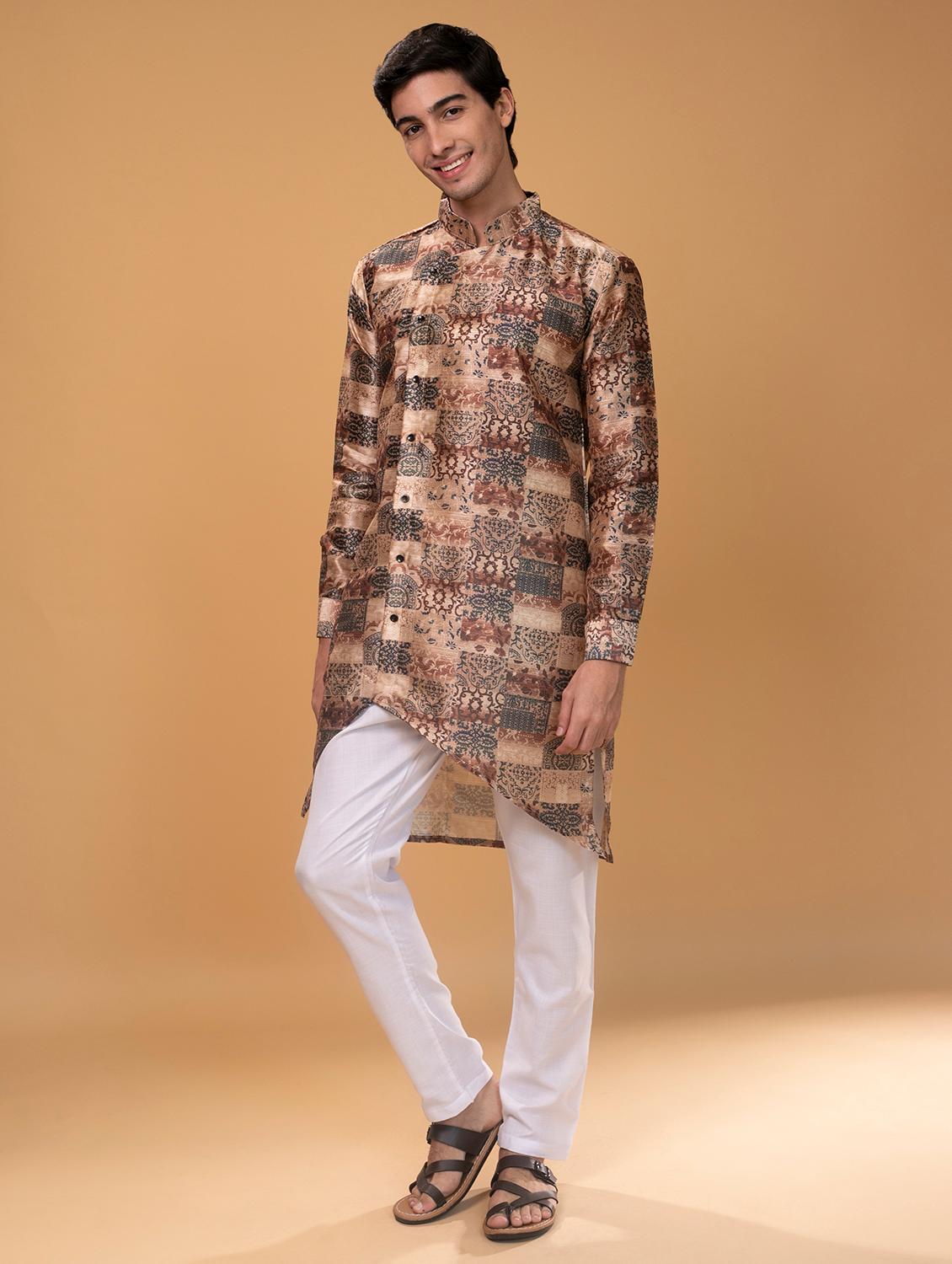 brown silk printed asymmetric kurta