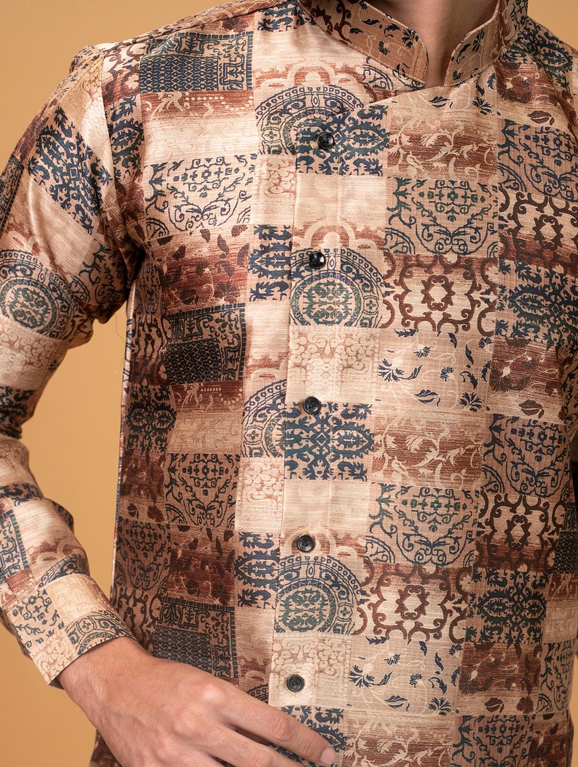 brown silk printed asymmetric kurta - 16599829 - Standard Image - 4