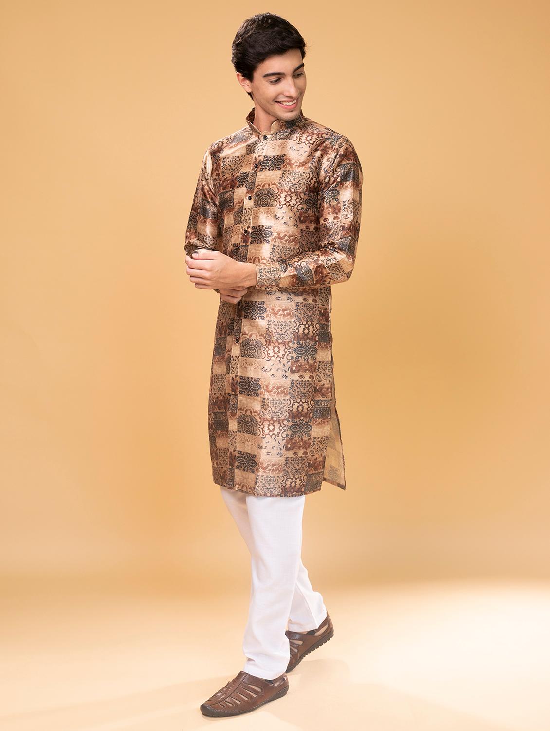 brown silk blend printed long kurta - 16599830 - Zoom Image - 2