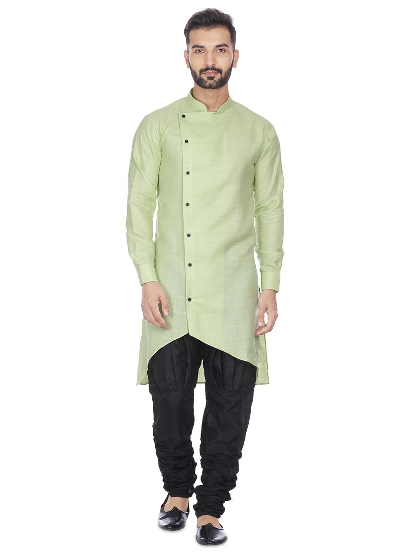 green mandarin neck solid asymmetric kurta - 16599844 -  Standard Image - 0