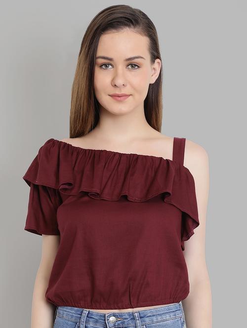 single shoulder ruffled crop top - 16664810 - Very Small Image - 1