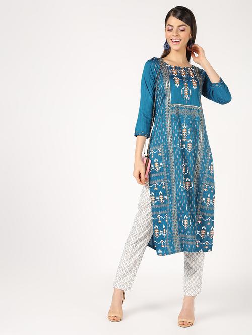 sequined foil printed straight kurta - 16667760 - Very Small Image - 1