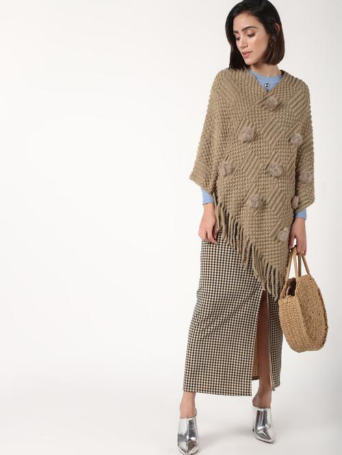 faux fur detail fringe hem wool poncho - 16676039 - Very Small Image - 1