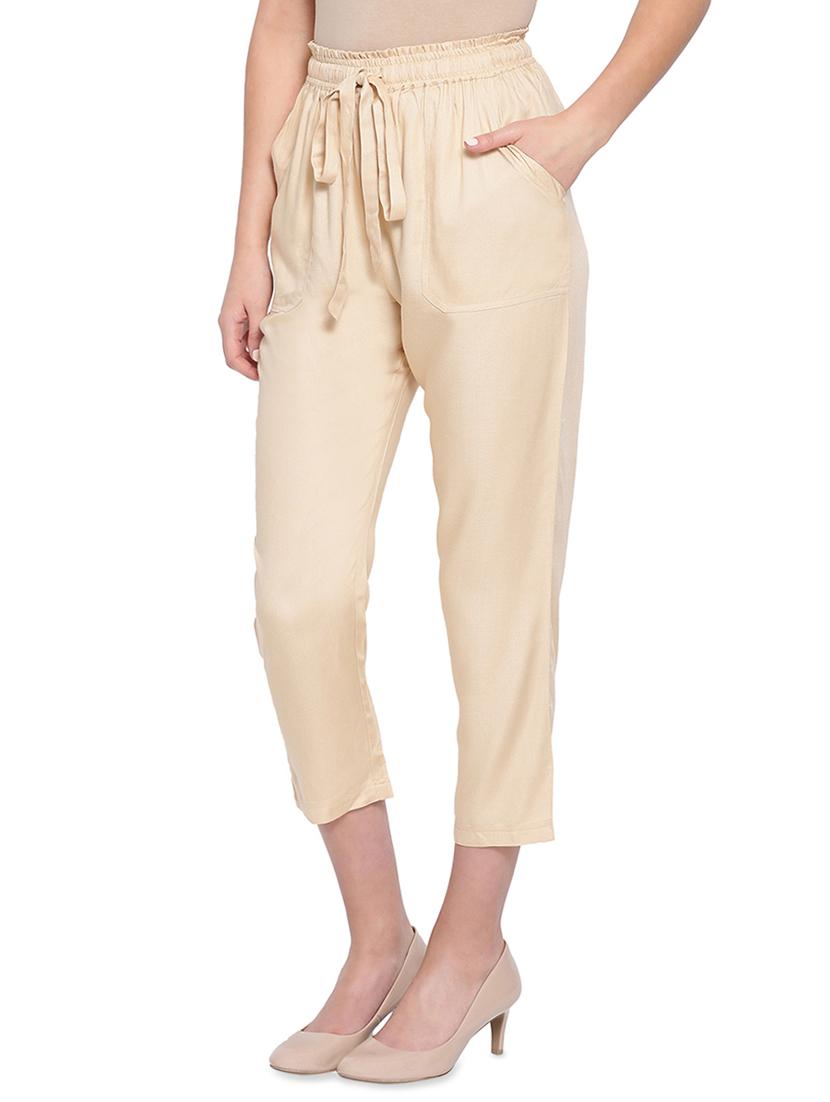 women solid beige flat front trouser - 16750623 - Standard Image - 2